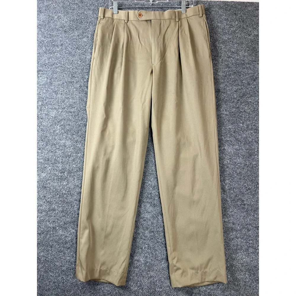 Brooks Brothers Dress Pants Tan Wool Pleated Khaki Made in Canada Mens 35W